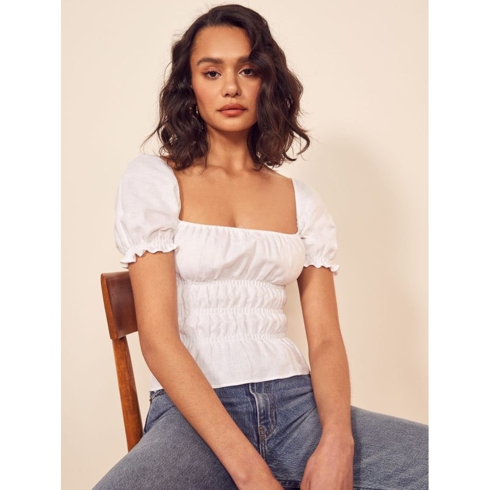 Reformation White Linen Smocked Peplum Puff Sleeve Top Square Neck Small